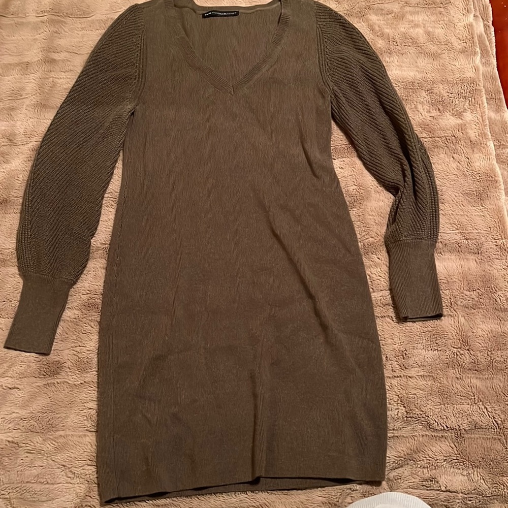 White House Black Market Olive Green Knit V-Neck Sweater Dress